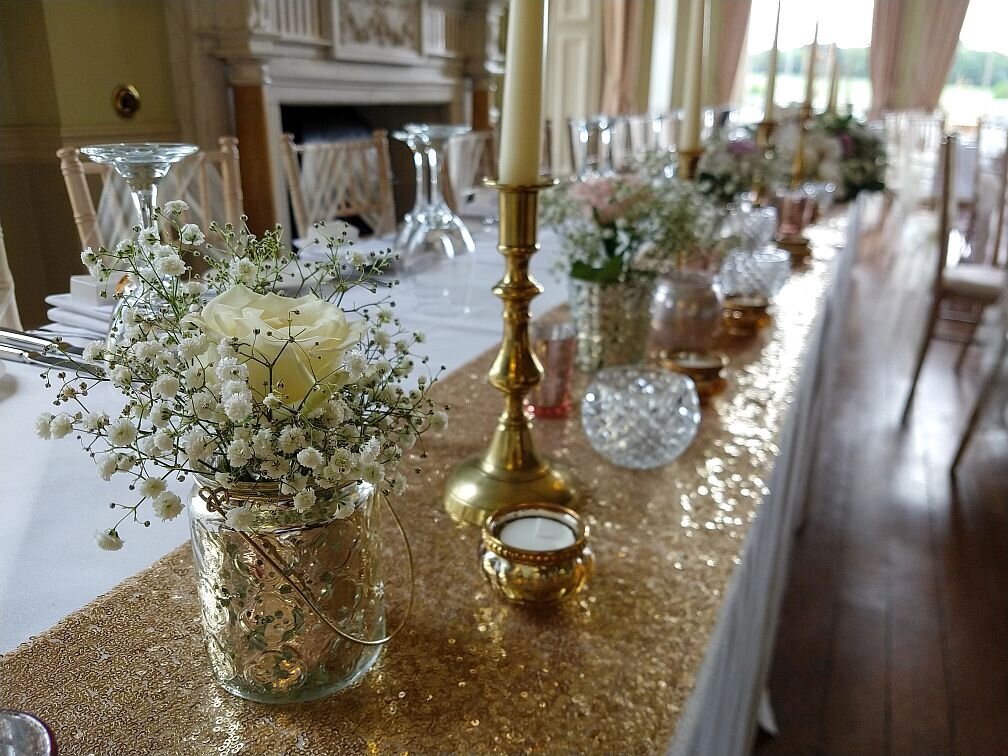 Gold candelabra sequin pearl wedding 11