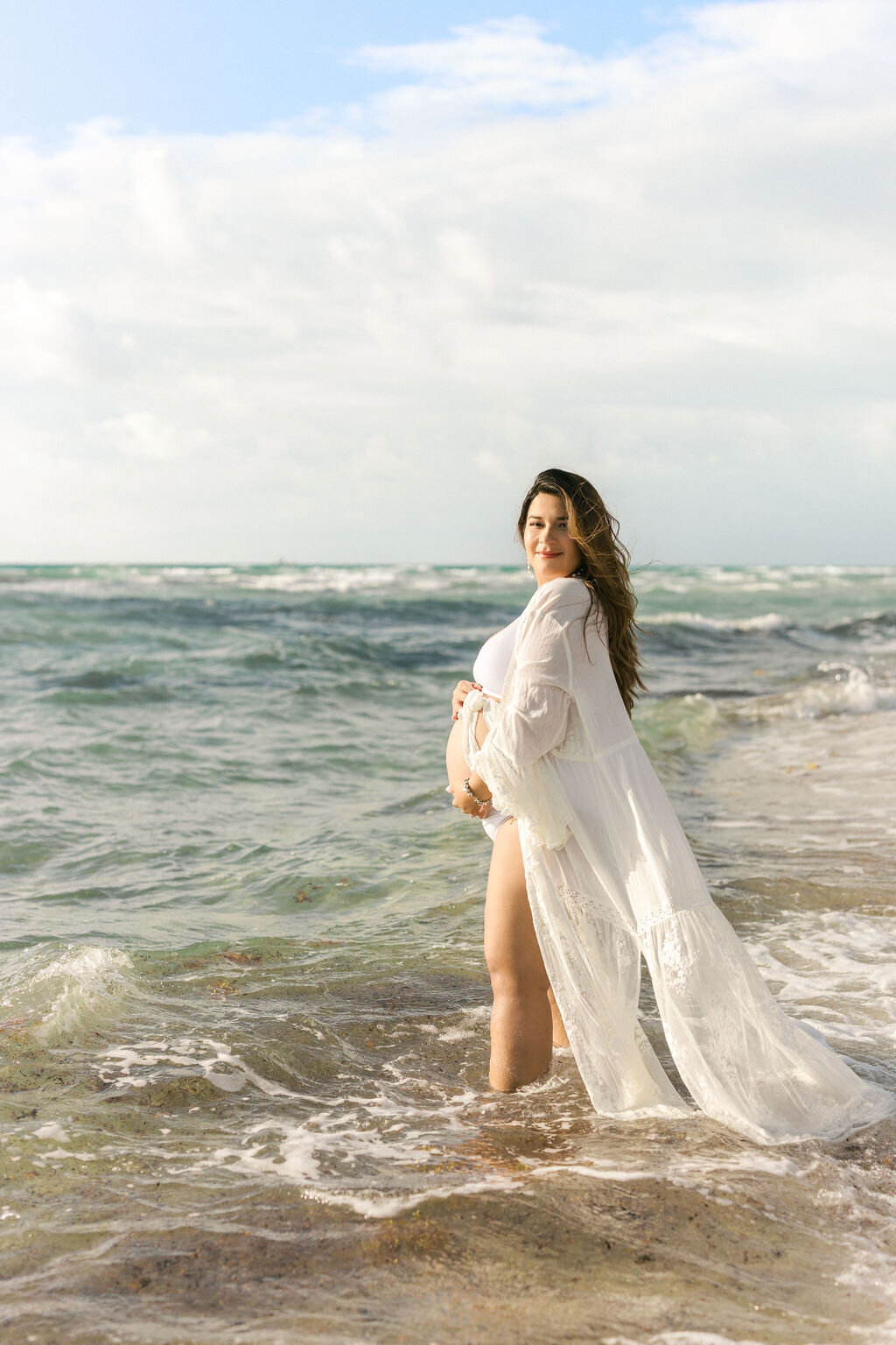 south-florida-beach-maternity-session-ocean-water-white-robe