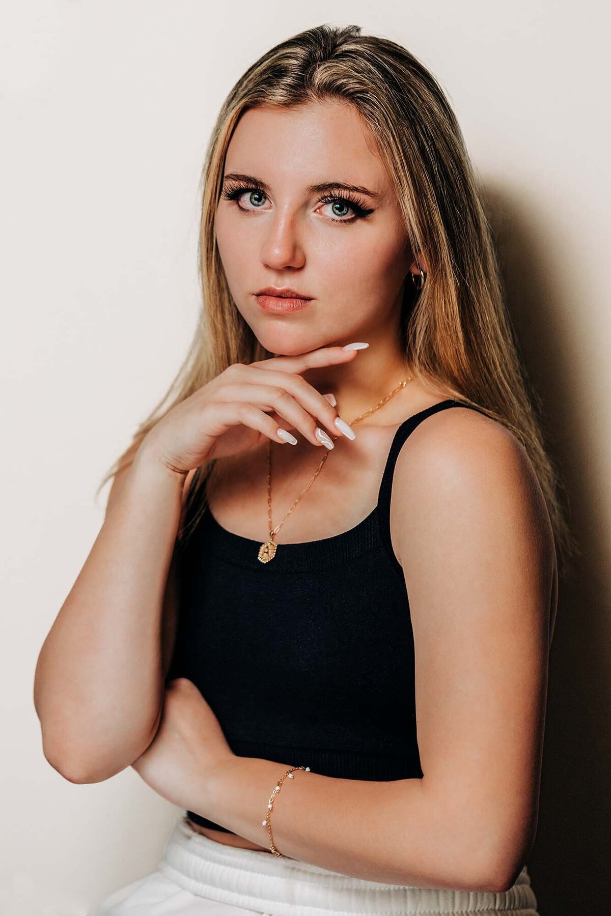 Studio portrait of Montana model on white backdrop