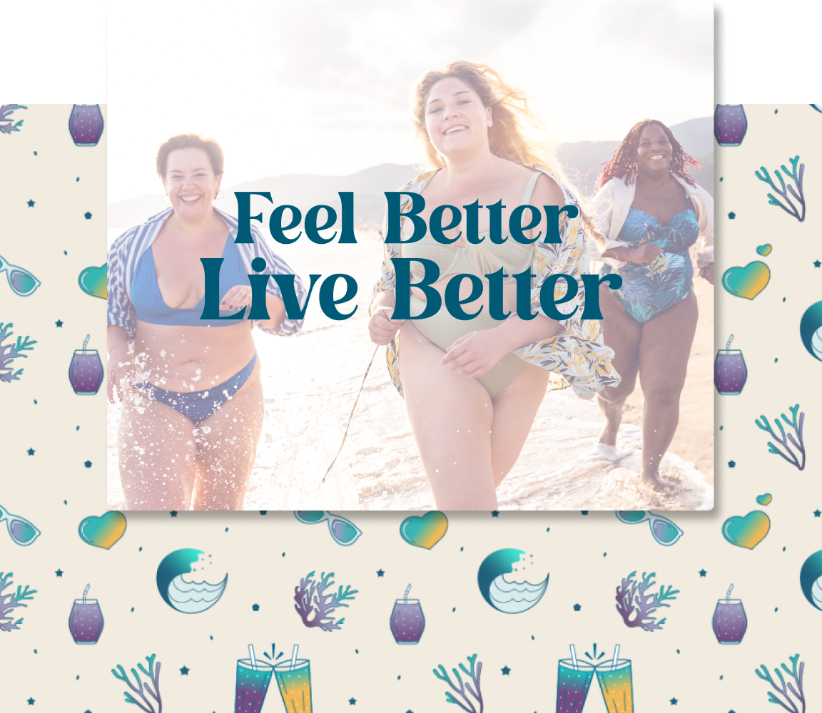 Pattern showcasing illustrations of smoothies, waves, hearts and sea moss. Lifestyle image of women running on the beach, smiling.