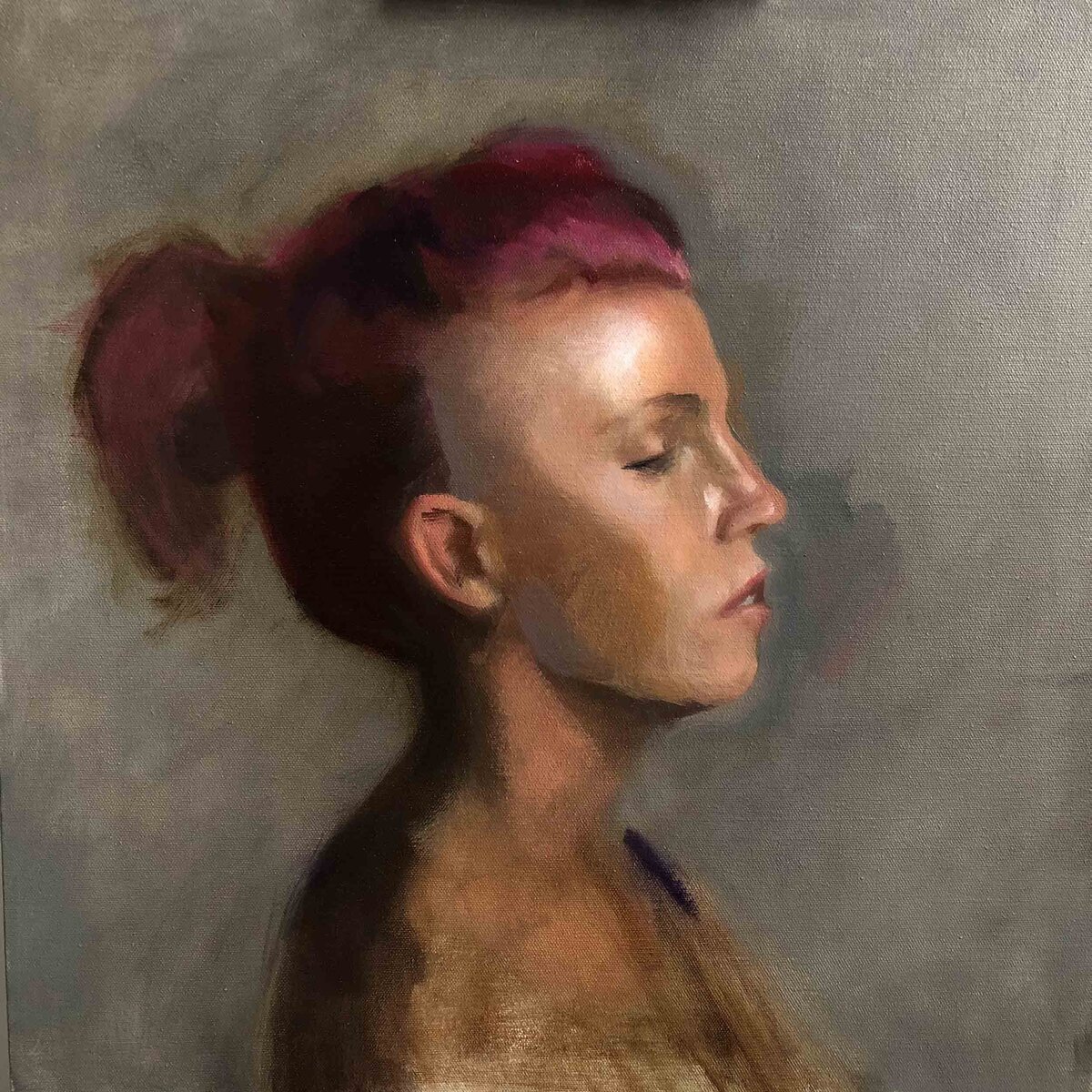 Artist Cam Rose's self portrait with pink hair in oil.