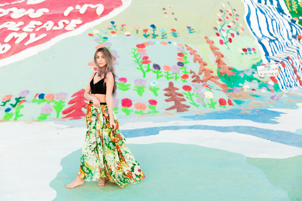 fashion portrait of woman at salvation mountain