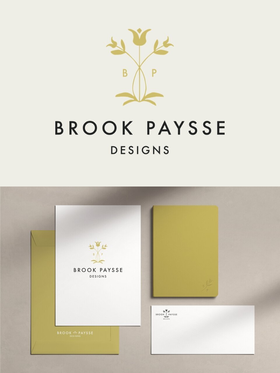 Brook Paysse Designs stationery set featuring letterhead, envelope, notebook, and notecard in soft white and olive green.