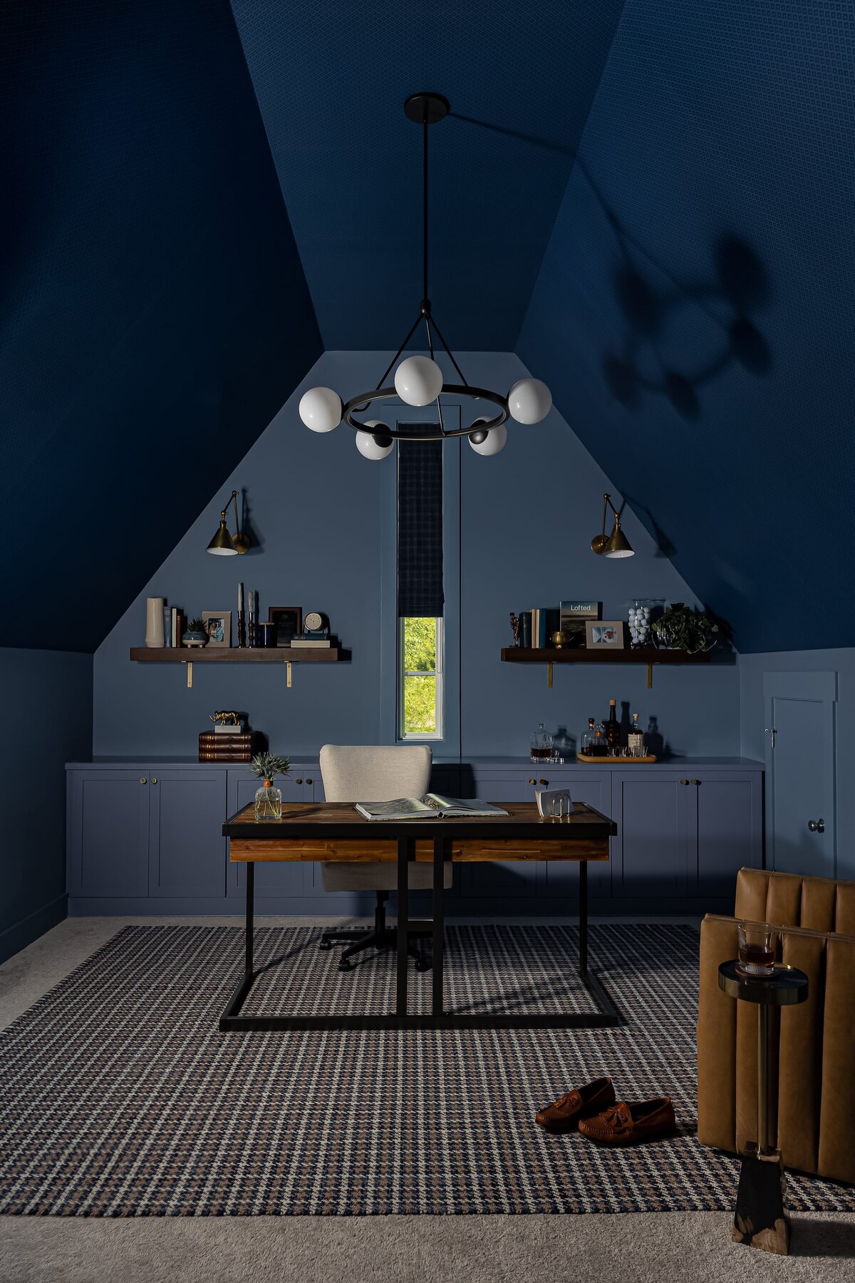 melinda chesson interiors everett place  moody blue office with vaulted ceilings
