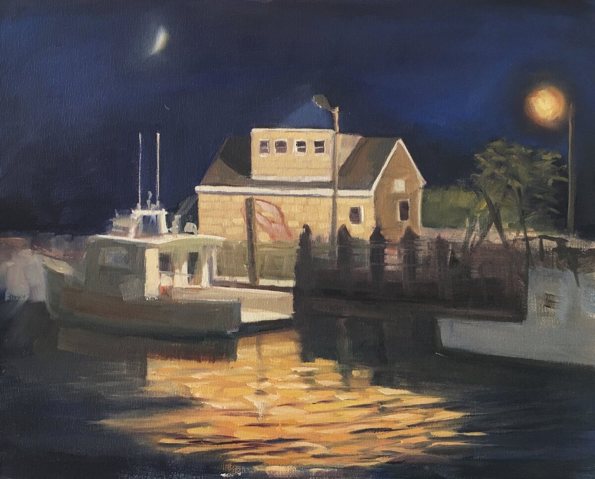 Painting of Guilford Town Marina in Guilford CT , nocture painting with hazy moon, street lamp on the  Lobster Shack building with lobster boat , 11 x 14" oil painting by Connecticut Painter Linda Marino