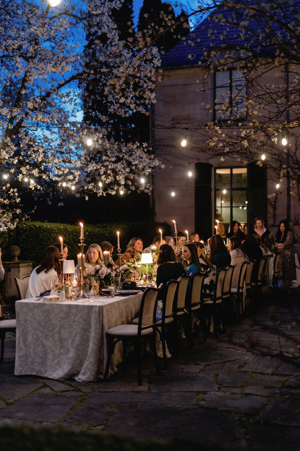 Micro wedding at Greencrest Manor in Battlecreek, MI. Night photo of the guests having dinner outdoors. 