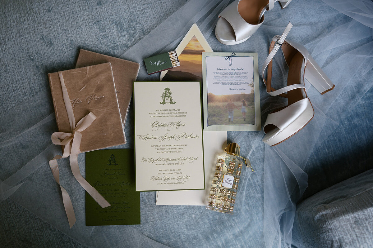 Closeup of wedding invitations showing ceremony location in Highlands, NC and reception at Trillium Links & Golf Club in Cashiers.
