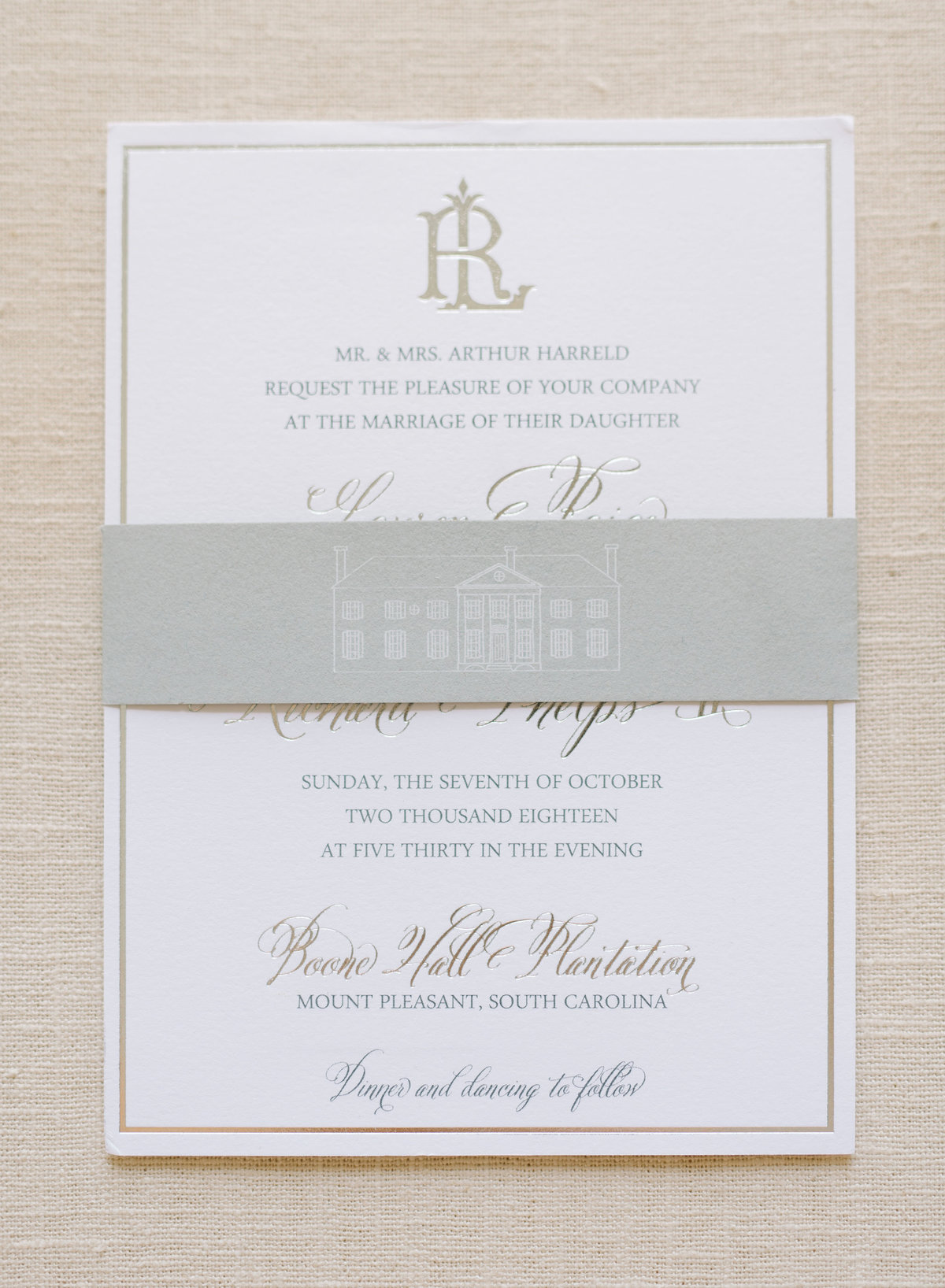 Boone Hall Sketch Wedding Invitation Suite Grey Monogram