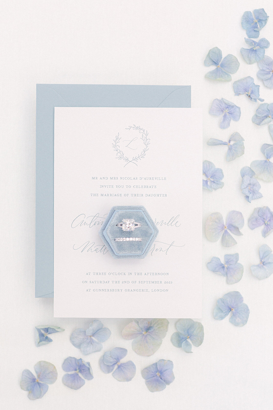 85  - Written by Emily - Wedding Statiorary Planner - Swarovski Engagement Coctail Ring - Asos Edition Floral Emboidered Veil - Blue Flower petals - London UK - Joana Senkute Photography