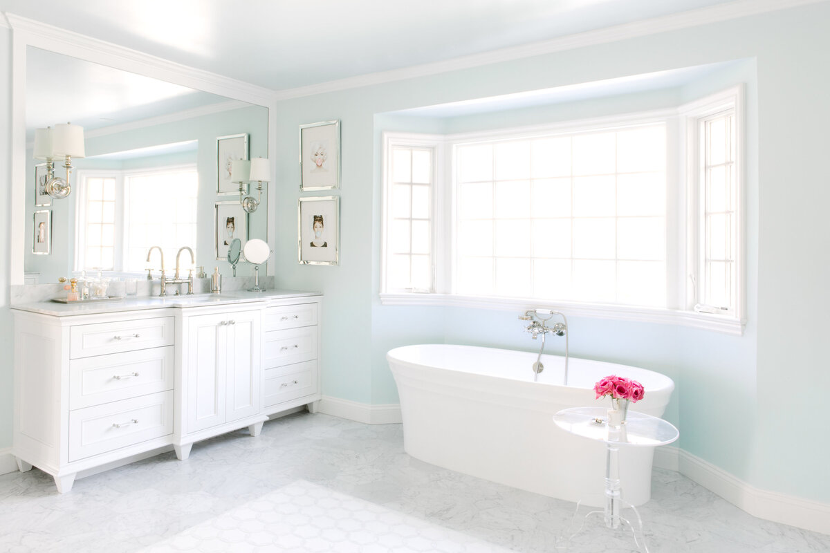 Transitional classic feminine master bathroom design