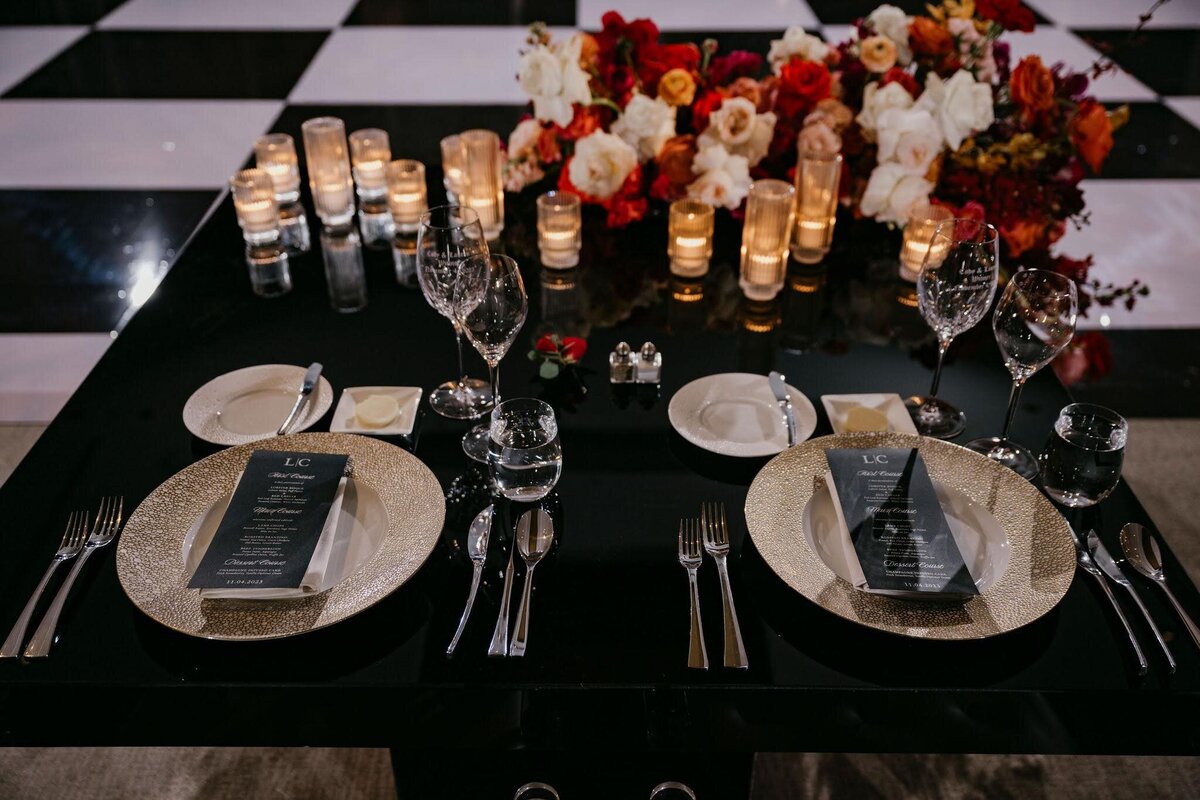 modern sweetheart table design with asymmetrical florals by Philadelphia wedding florist Sebesta Design