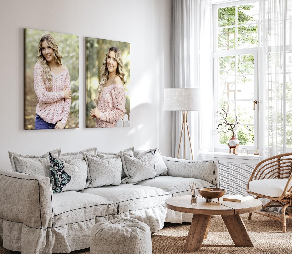 A mockup of some canvas prints hanging in a living room. The prints feature a high school senior wearing a pink sweater.