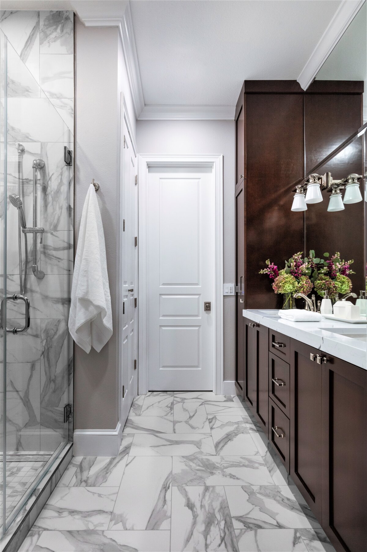 Contemporary Design Bathroom Interior With Brown Cabinets