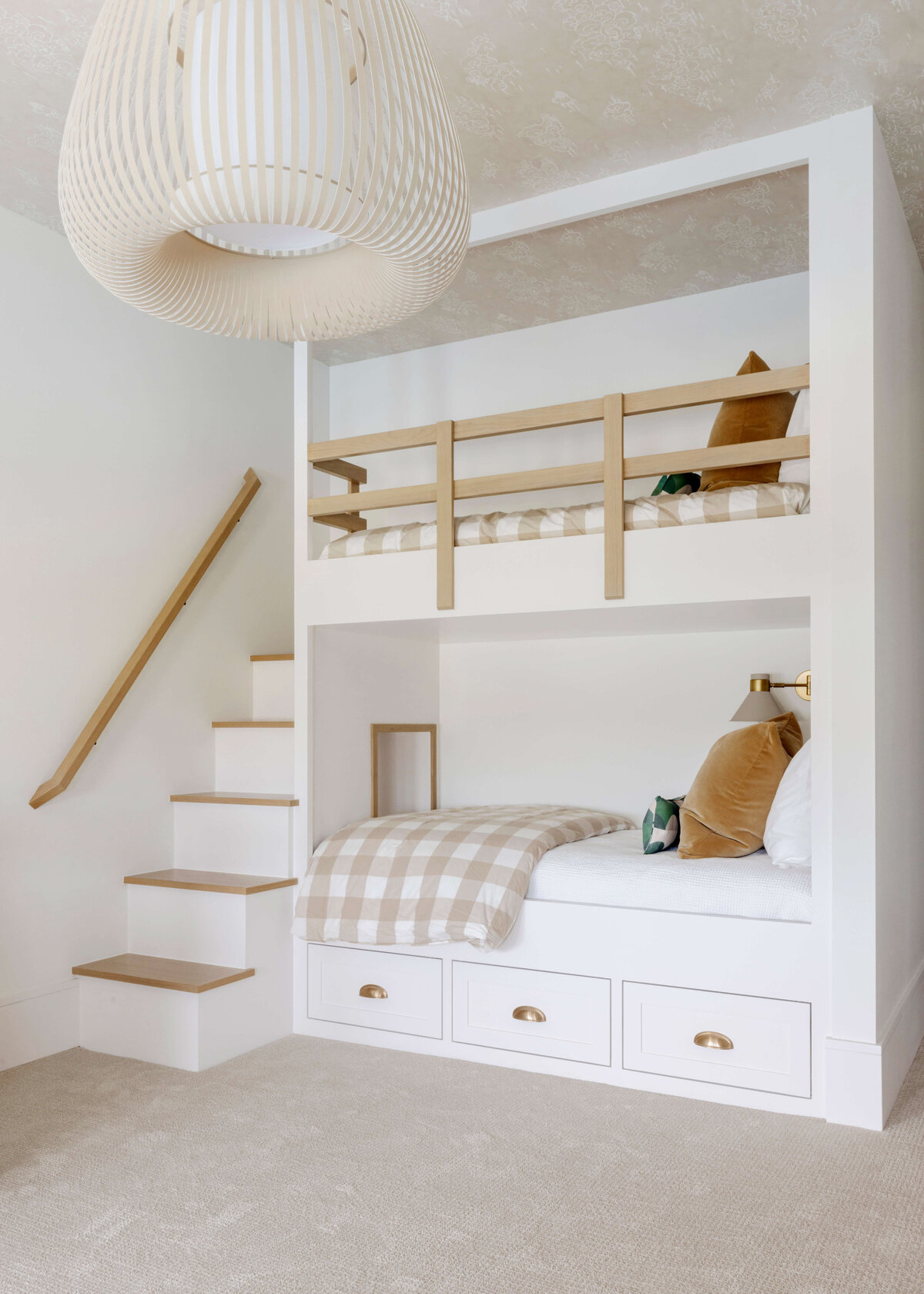 oyster creek studios hughes white bunk bed with brown gigham pattern with stairs