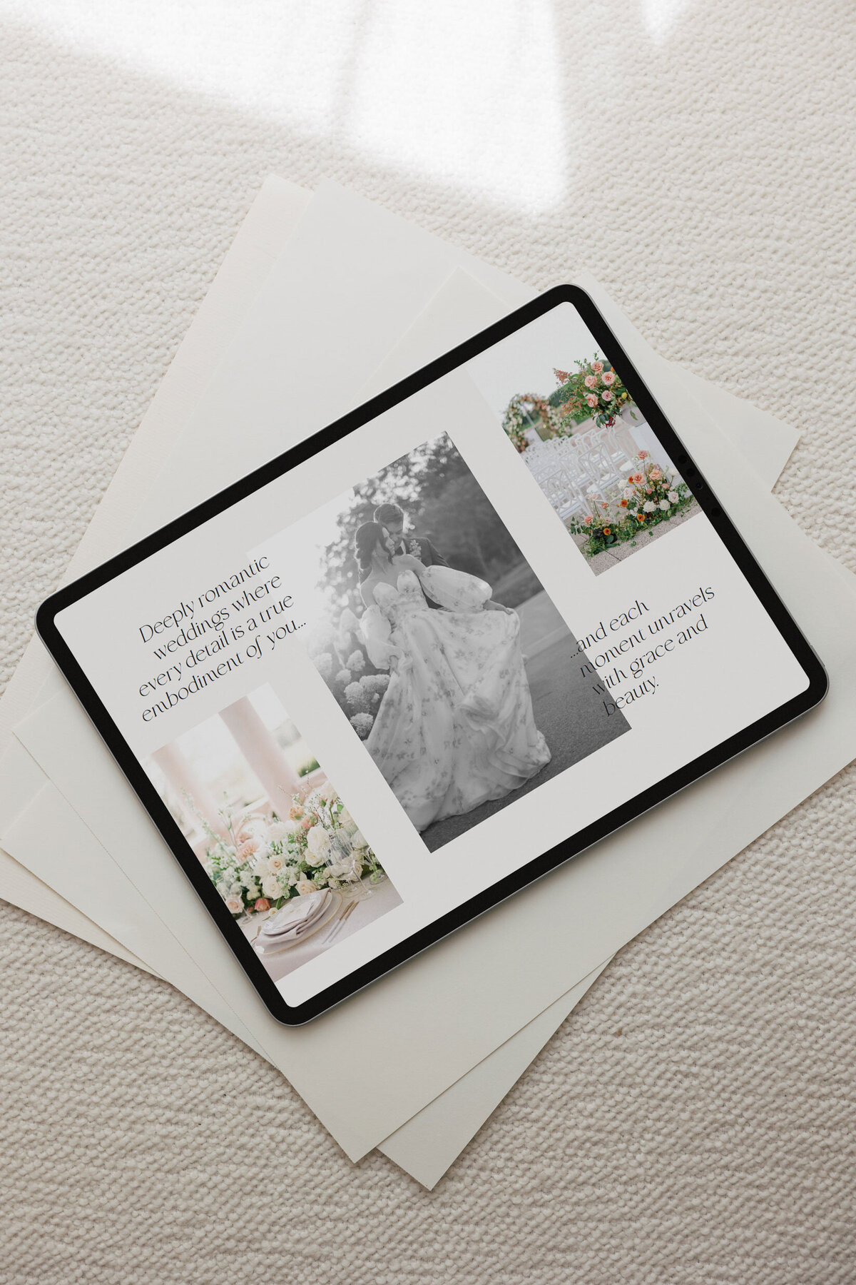 iPad mockup showing bespoke website for Nouvelle Weddings, designed by Sarah Shuttle