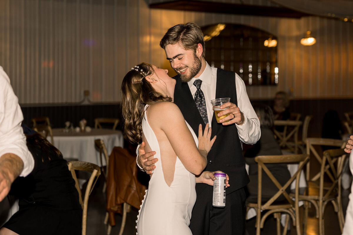 Bride and groom on dance floor at their wedding at Crooked Willow in Central Minnesota