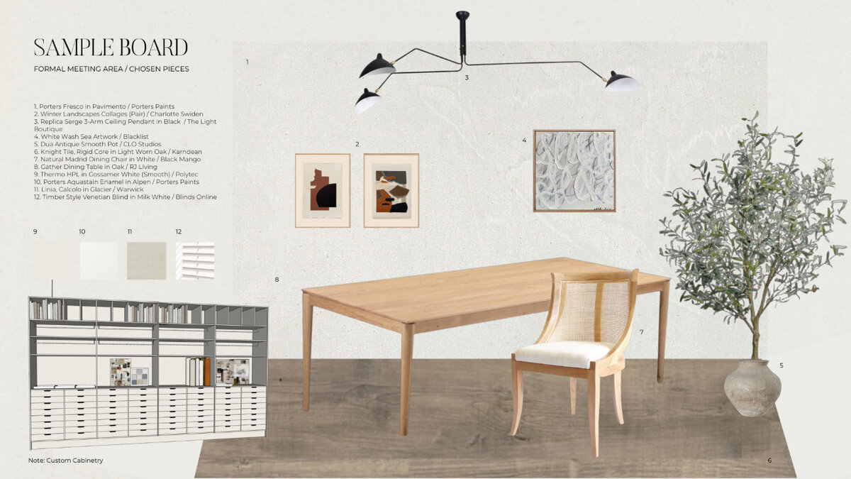 Sample board for a formal meeting room, showcasing luxury selections for an interior design studio, highlighting sophisticated materials, finishes, and colour schemes.