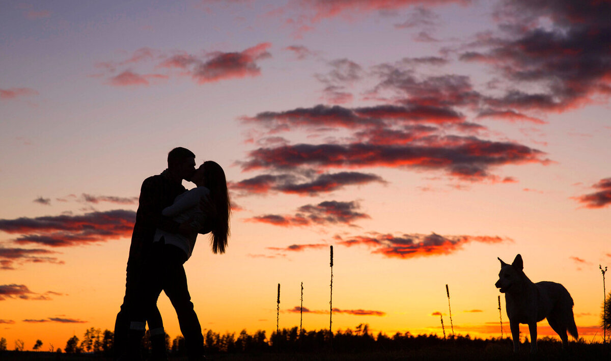 Sunset engagement photo with dog, DePoy Studios