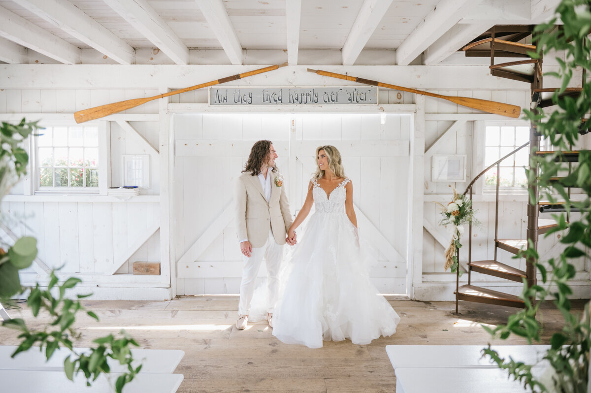 A classic ight and airy wedding photo at Bonnet Island Estate's chapel during a costal themed summer wedding