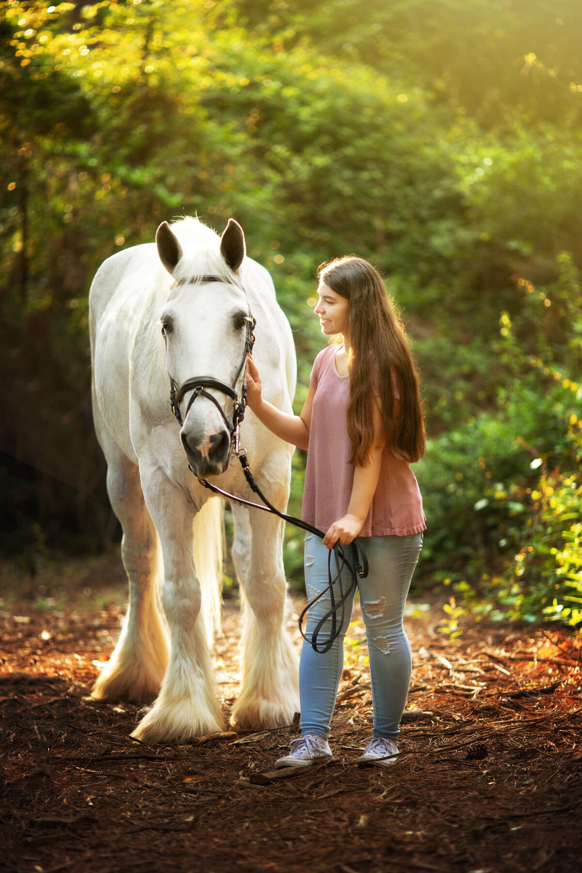 Casual female high school senior in jeans and a rose colored t shirt.  She has waist-length dark straight hair.  She is holding the reigns of a white horse and looking at her.  The horse is a Shire.  It's ears are pointed to the front and it is looking at the camera.  The girl is petting the horse's face.