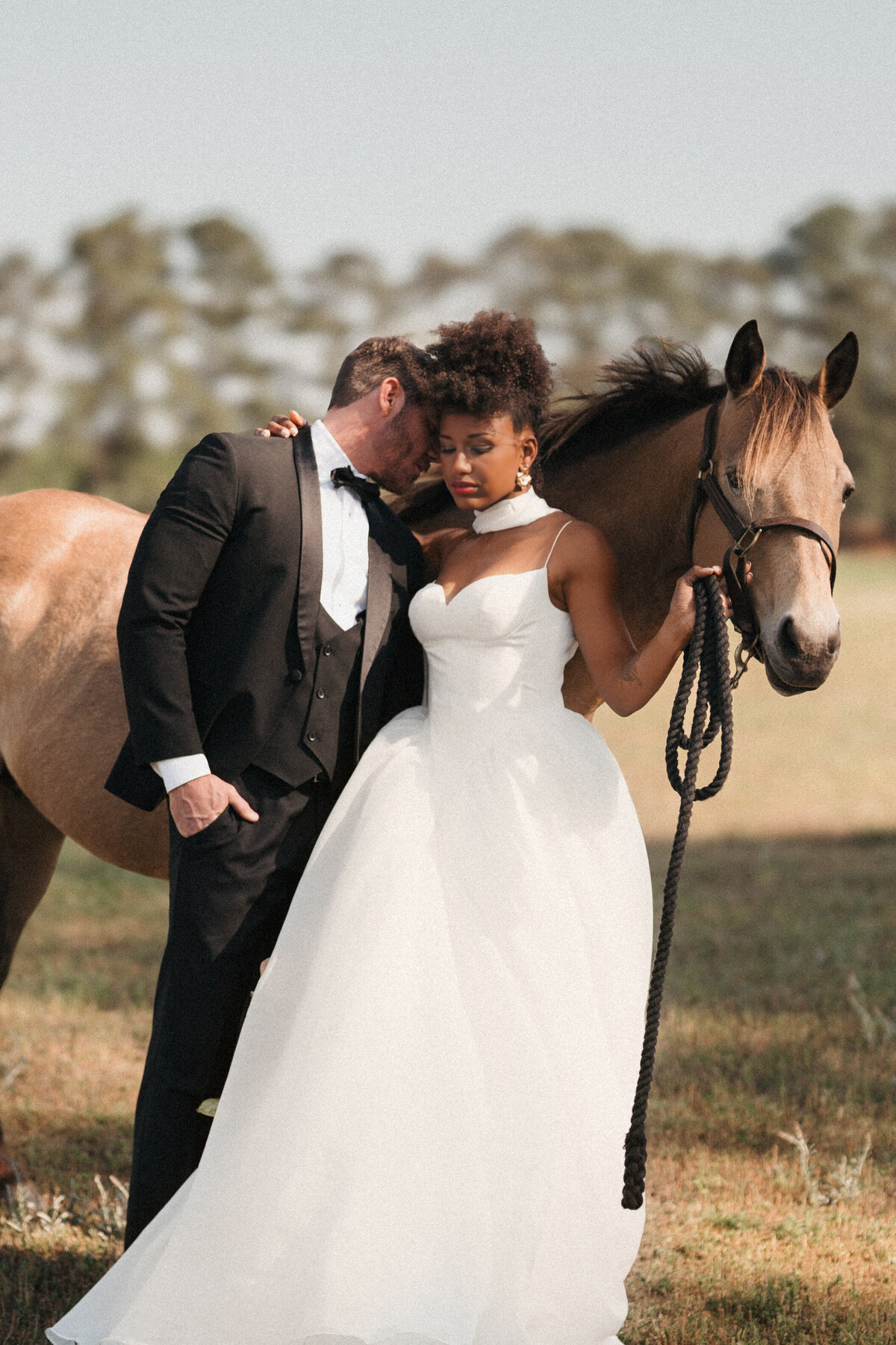 A bride and groom with their horse The Merrimon-Wynne House.