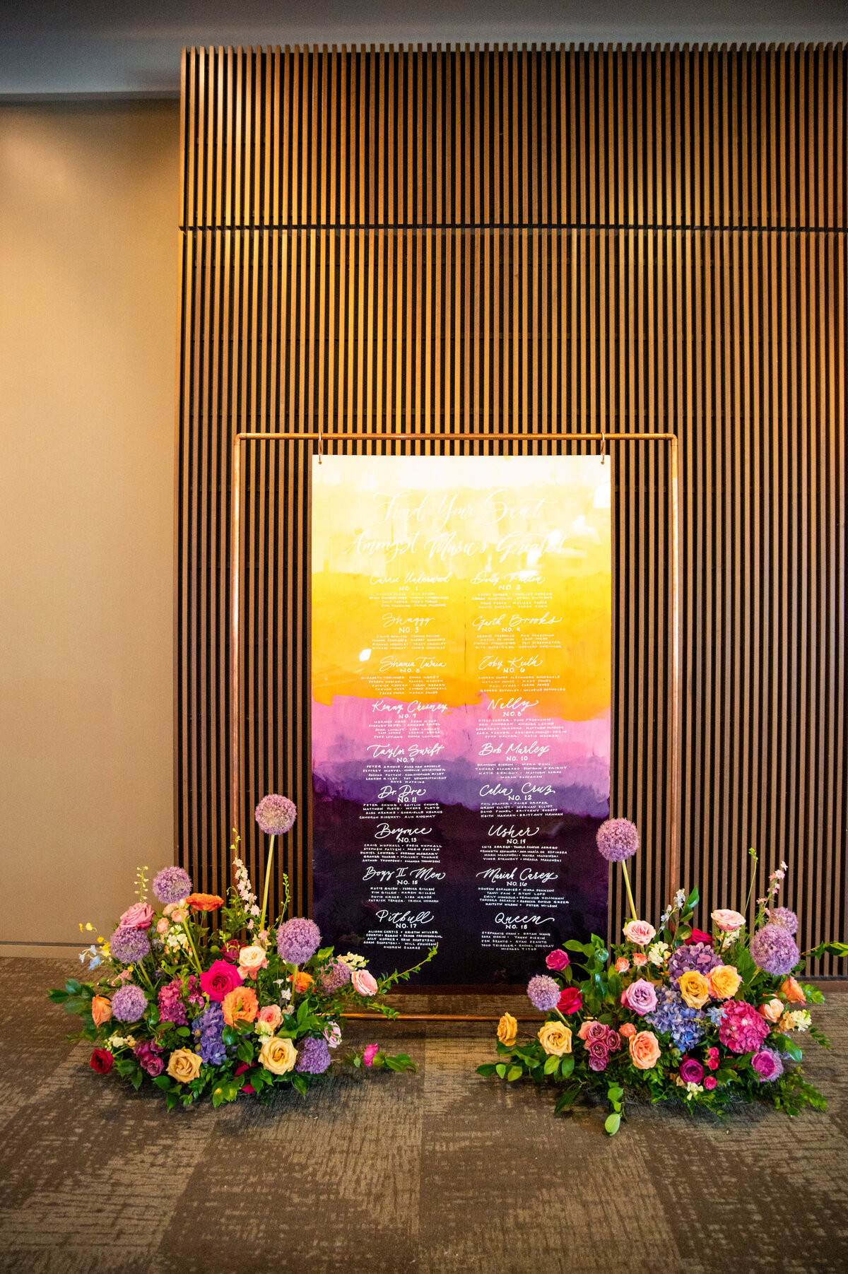 Colorful escort display with lush floral hedges composed of petal heavy roses, allium, delphinium, snapdragons, spray roses, hydrangea and garden-inspired greenery in sunset hues of pink, fuchsia, orange, golden-yellow, and lavender. Design by Rosemary and Finch in Nashville, TN.