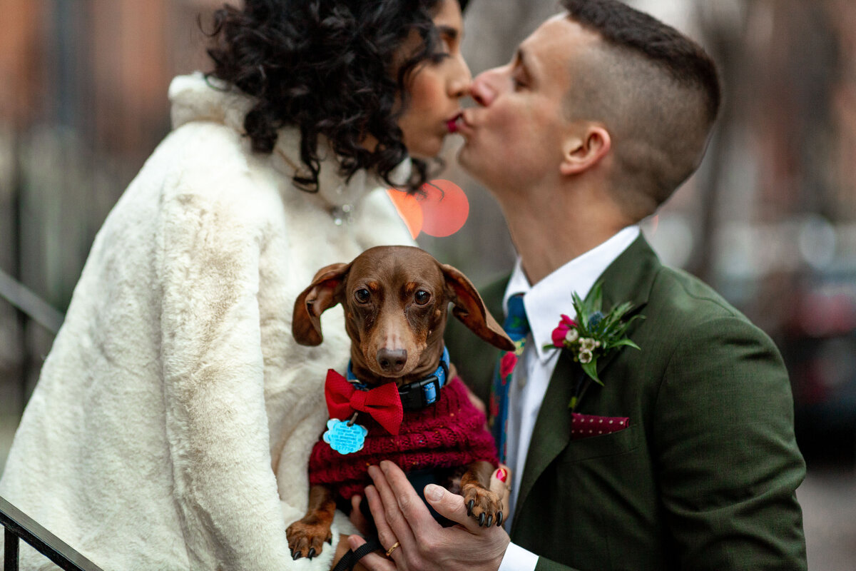 A couple kissing while they hold their dog between them.