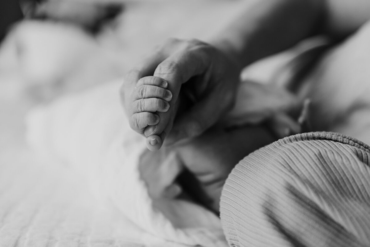 Newborn Photographer, Baby holding mom's hand.