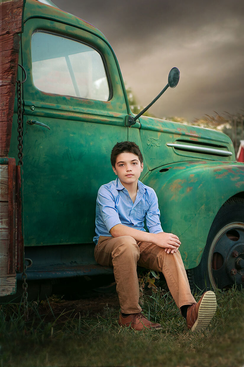 boy-teen-tween-rustic-ford-truck-green-nature-vintage-rustic-all-american