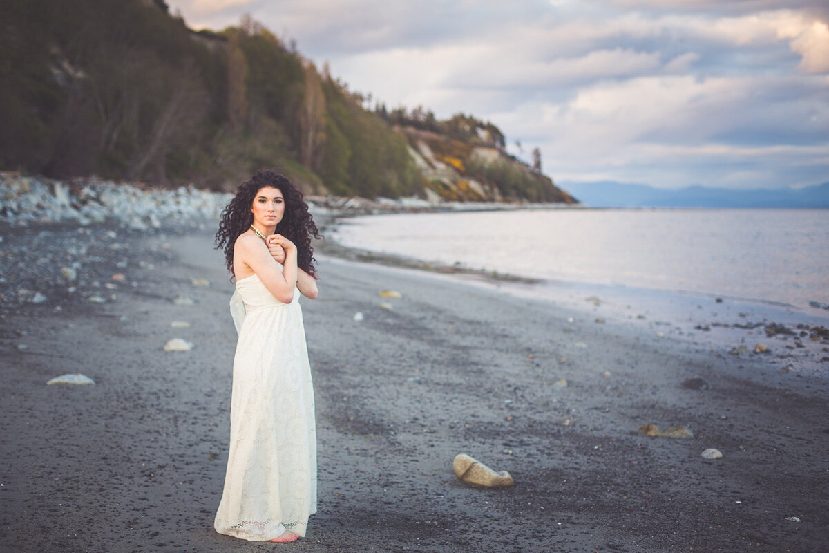 A model on the beach on Vancouver Island.