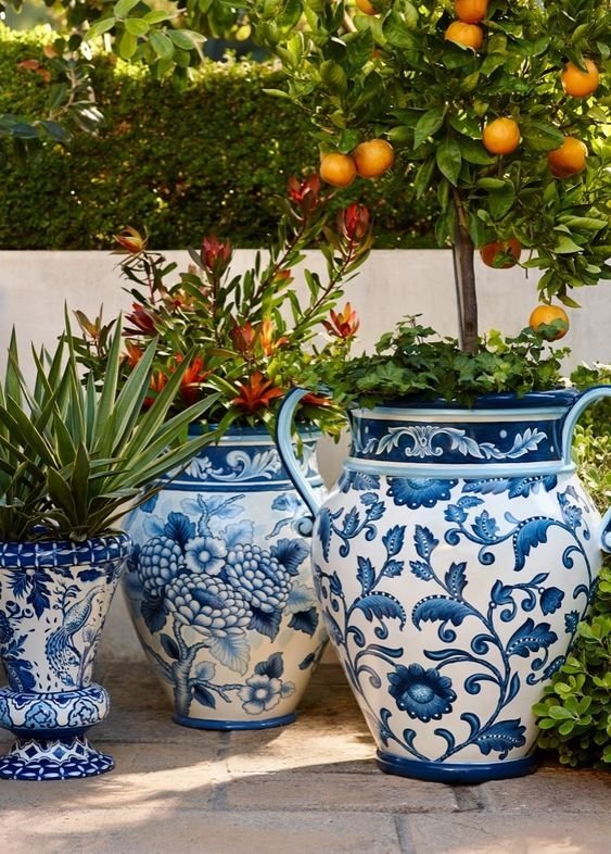 blue and white pots with orange