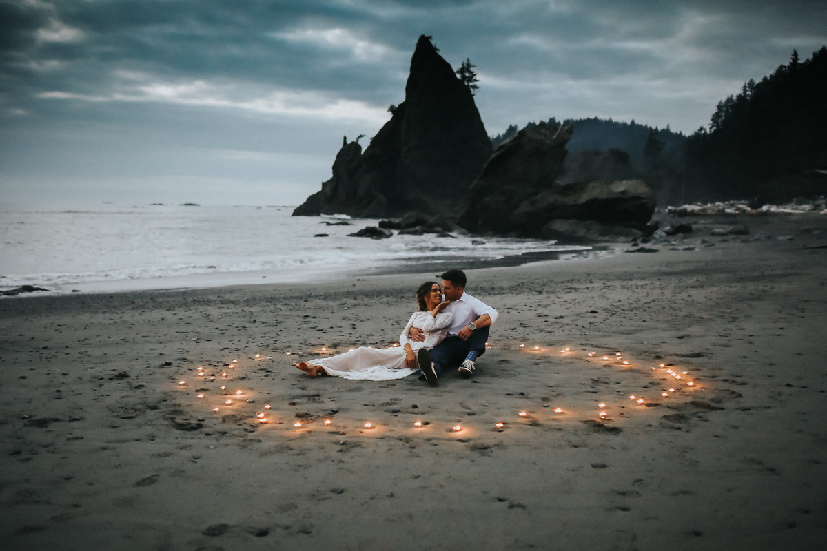 Candlelit ceremony of this bride and groom on Rialto Beach in Olympic National Park.
