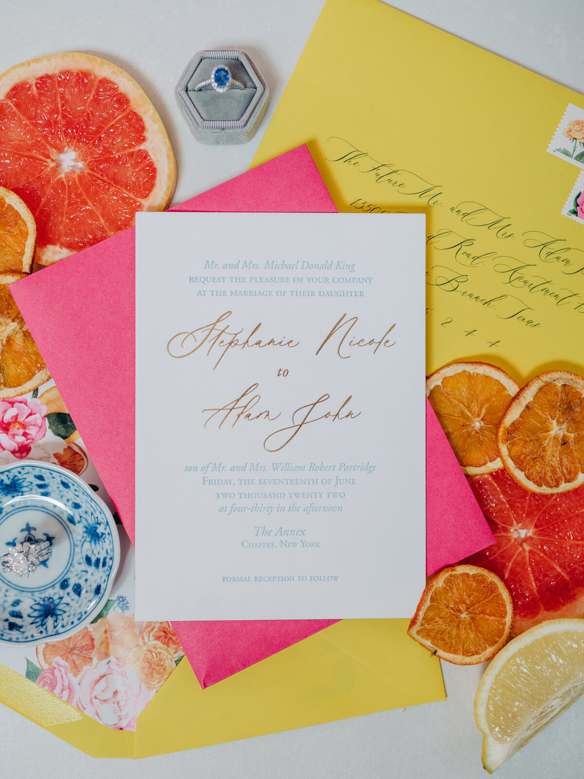 invitation suite, the annex wny, vibrant florals and citrus wedding