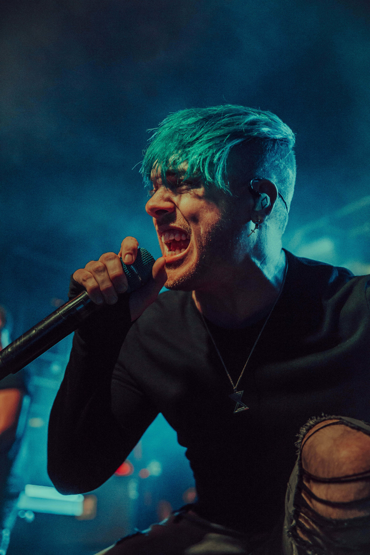 A close up of Cody Carson, singer of Set It Off onstage at The Garage in London