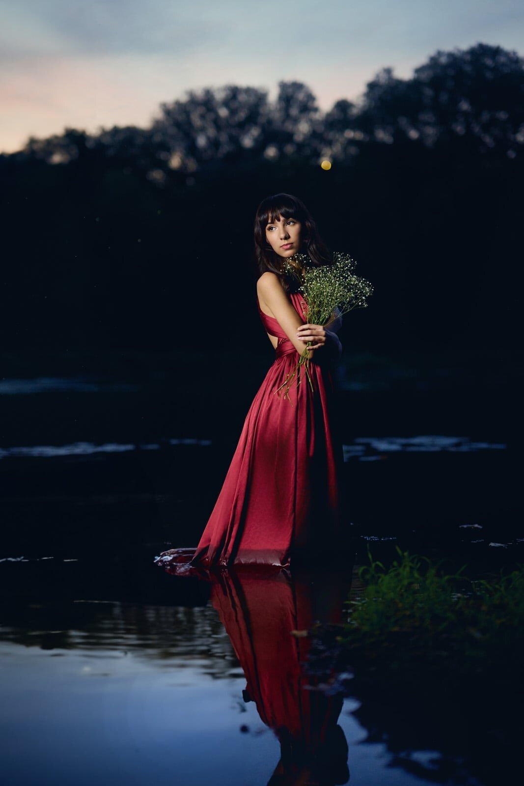 Elegant Senior Portrait By Full-Service Photographer At Dusk With Red Dress-43