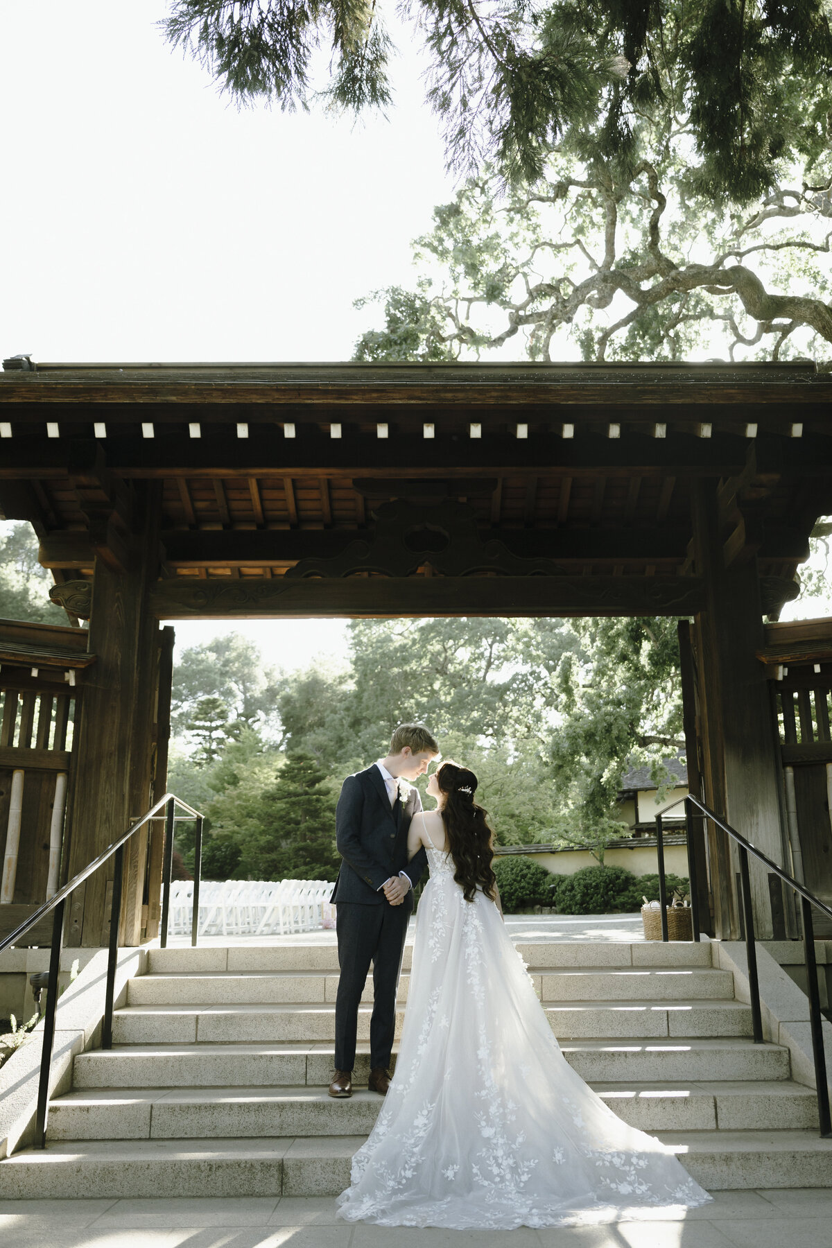 Bride and Groom posing in tea garden
