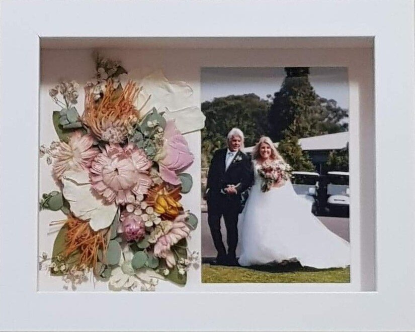 Pressed wedding bouquet flowers in custom frame