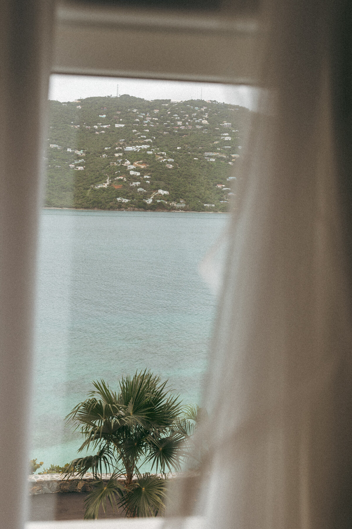 A serene view of a hilly island landscape and palm tree framed by a window with sheer curtains