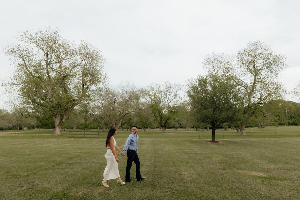 couple hold hands in a field