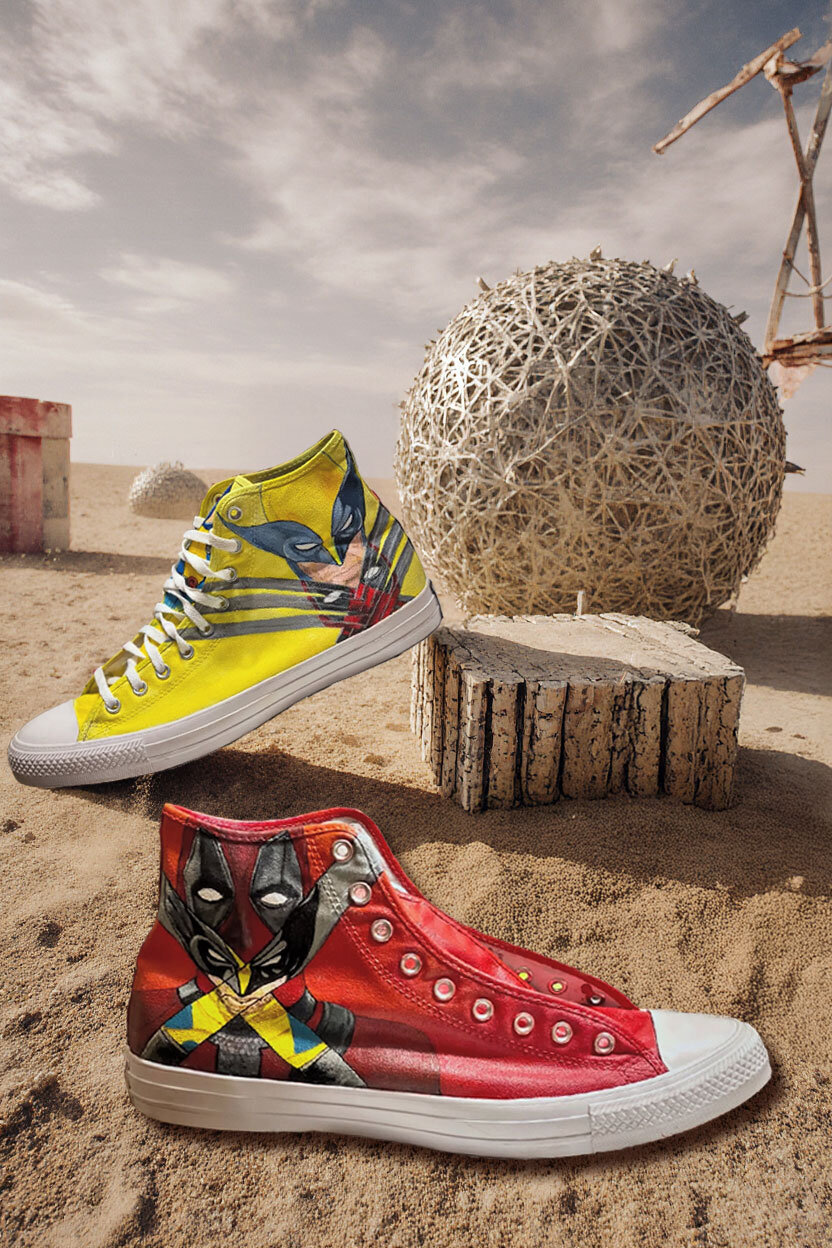 Deadpool and Wolverine themed Custom high top converse Chuck Taylor's