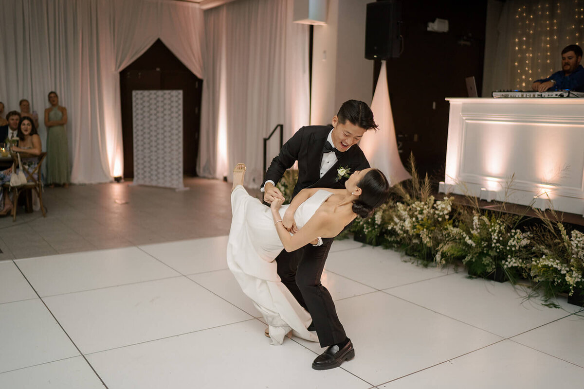 Bride and Groom share their first dance at their Aspen Meadows Resort wedding reception venue.