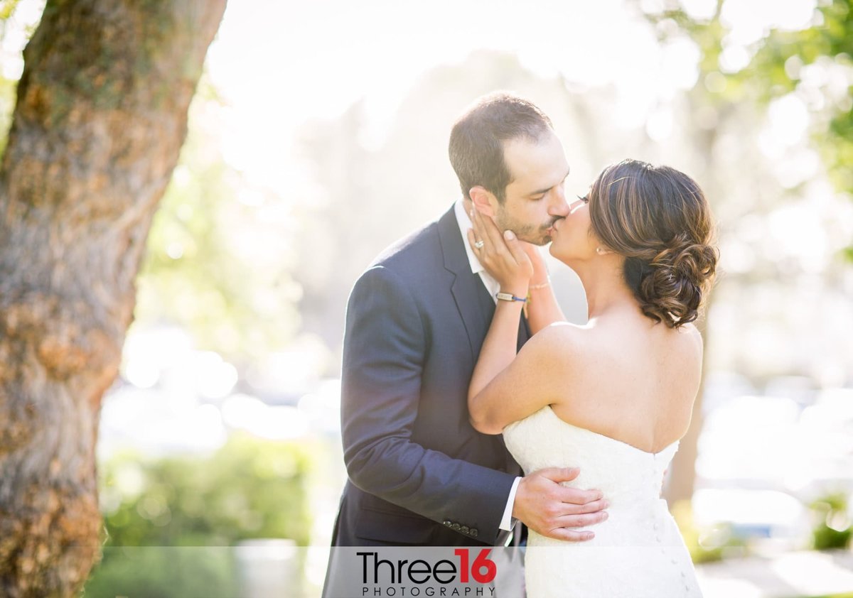 Bride and Groom share a kiss under a tree