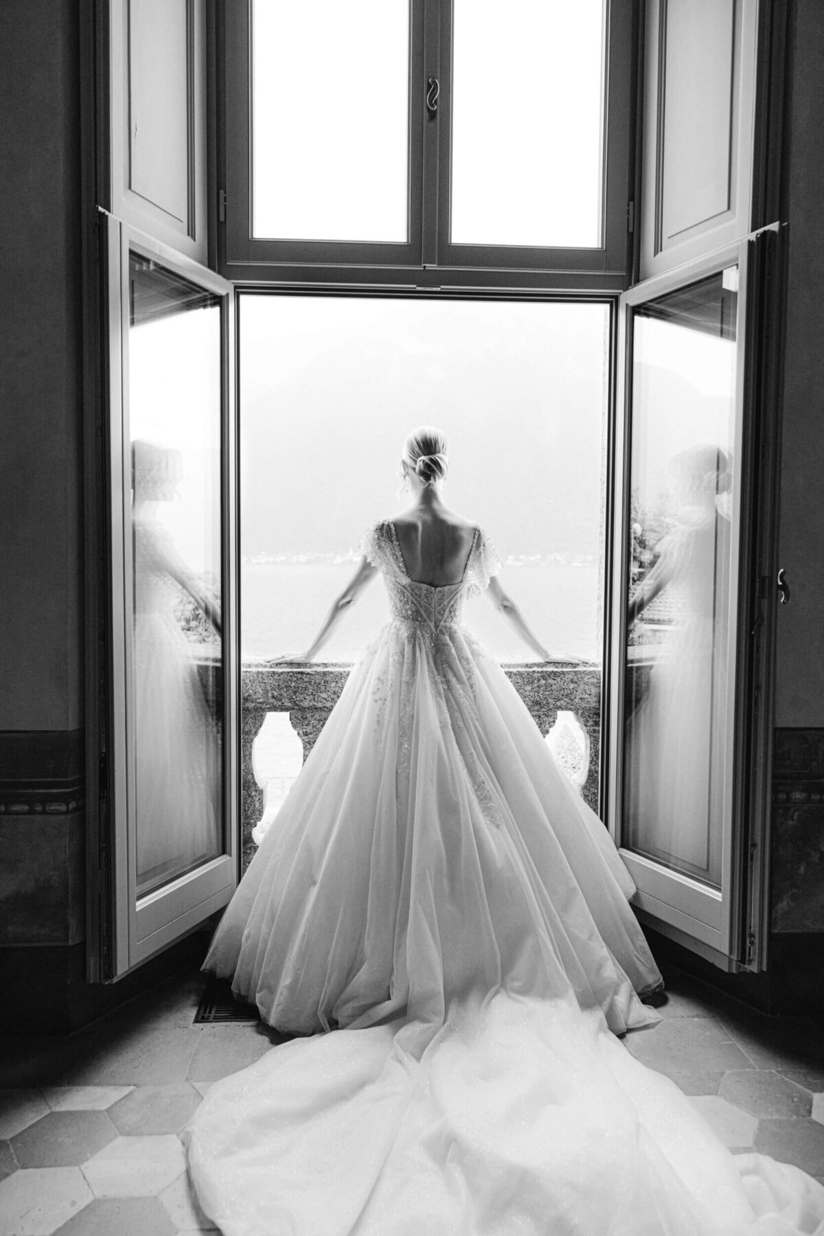 A wedding photo of a bride in her white wedding dress at Villa Balbiano on Lake Como in Italy