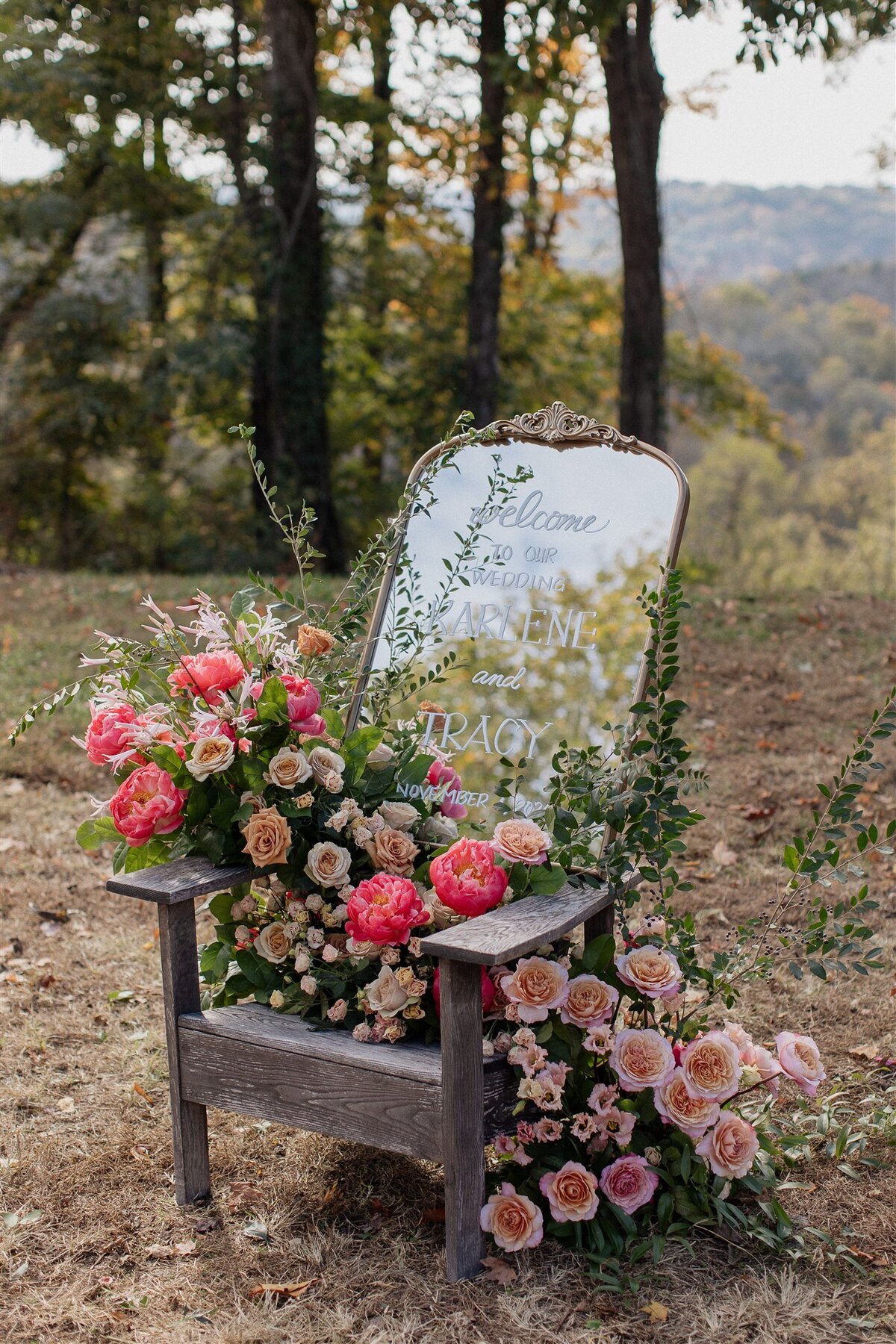welcome wedding sign adirondack chair with flowers