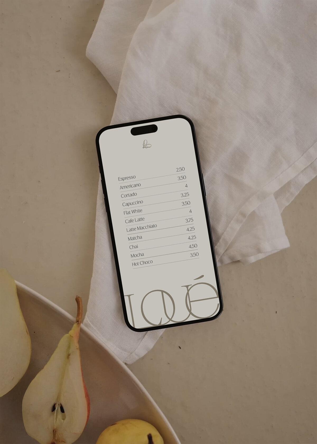 Digitale weergave van Loué koffiemenu op smartphone