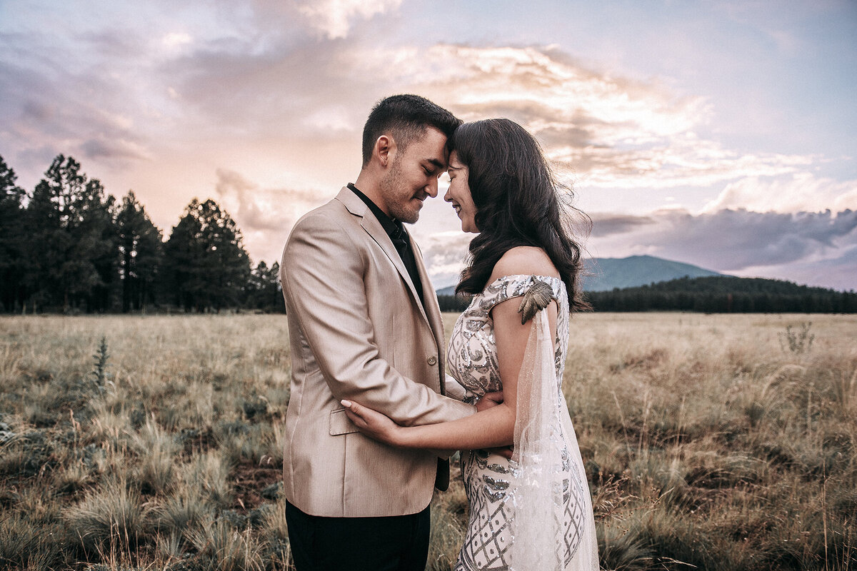 Best Phoenix Arizona Wedding photographer  newly married couple embraces in Flagstaff AZ