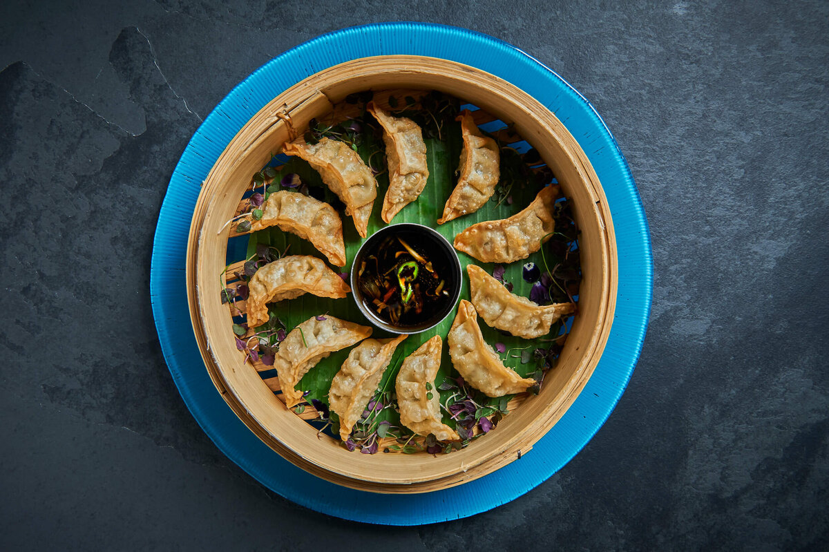 Vegetarian Yaki Gyoza on a blue plate