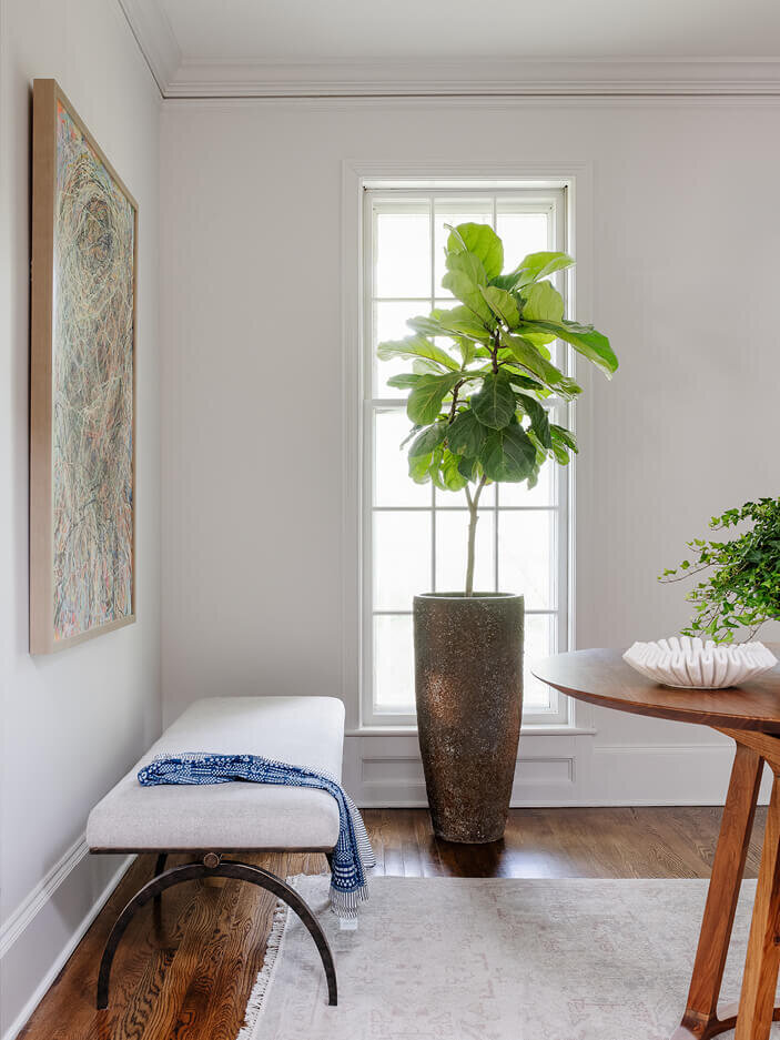 Interior designer in Hingham selects modern style and furniture for a historic home design project, blending sleek, contemporary design with classic charm.