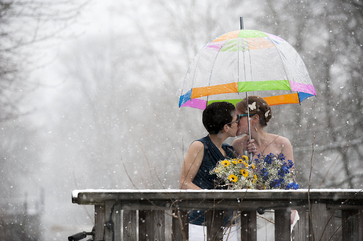 A wedding couple standing under a clear umbrella with rainbow accents kissing 