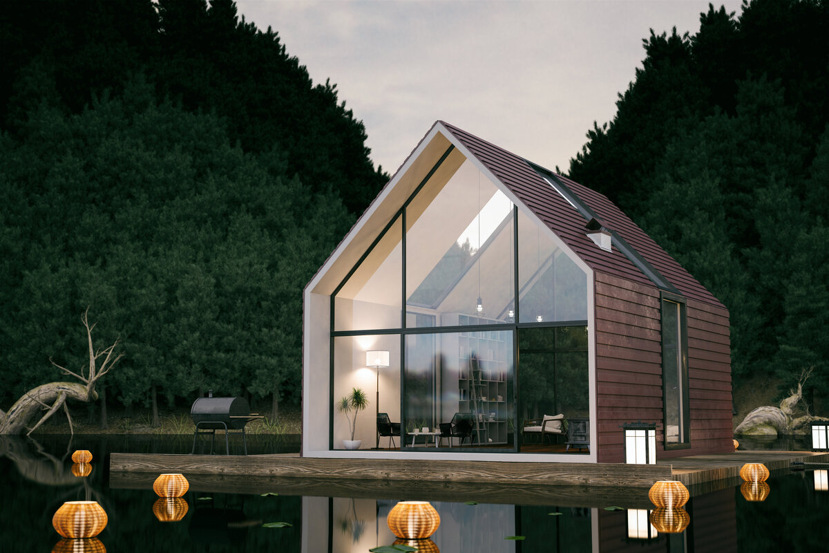 beautiful modern home with floor to ceiling window wall looking out onto nature and water feature